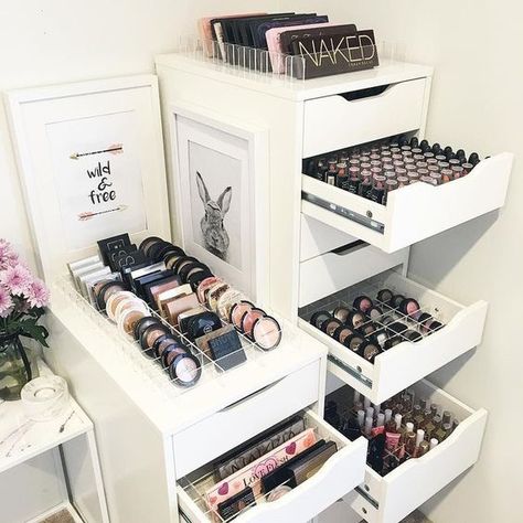 Genius Ikea Hacks For Organizing Your Makeup | The Zoe Report Organized Makeup, Rangement Makeup, Penyimpanan Makeup, Makeup Station, Ikea Alex, Vanity Room, Casa Vintage, Makeup Product, Glam Room