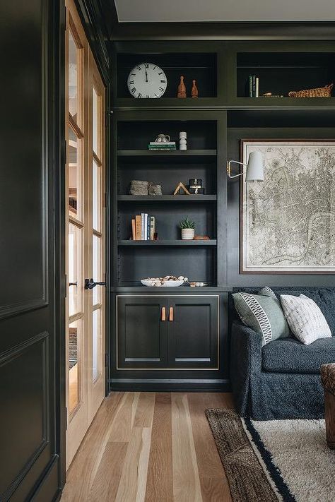 Styled built-in olive green living room shelves are mounted over cabinets accented with leather tab pulls. Kate Marker Interiors, Cottage Living Rooms, Studio Living, Transitional Living, Living Room Shelves, Inspiration Photos, Deck Patio, Living Room Green, Design Office