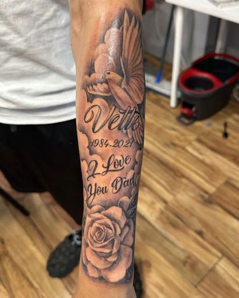 Tattoo Idea For Lost Loved One Men, Tattoo For Father Who Passed For Men, Tattoo Ideas Passed Loved Ones, Tattoo Ideas For A Loved One Who Passed, Arm Memorial Tattoos, Deceased Loved Ones Tattoos, Mum Memorial Tattoo, Tattoo Remembering Loved Ones, Tattoo Ideas For Brother Who Passed