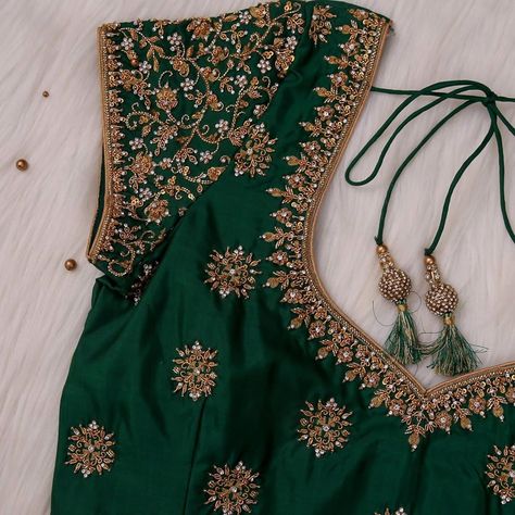 To get your outfit customized visit us at Srinithi In Style Boutique Madinaguda Hyderabad WhatsApp/Call : +919059019000 / or mail us at srinithiboutiquee@gmail.com for appointments, online order and further details... Worldwide Shipping Avalible Blouse Designs Aari Work, Green Blouse Designs, Blouse Maggam Work, Work Blouse Designs, Maggam Blouse, Latest Bridal Blouse Designs, Maggam Work Blouse, Pattu Saree Blouse Designs, New Saree Blouse Designs