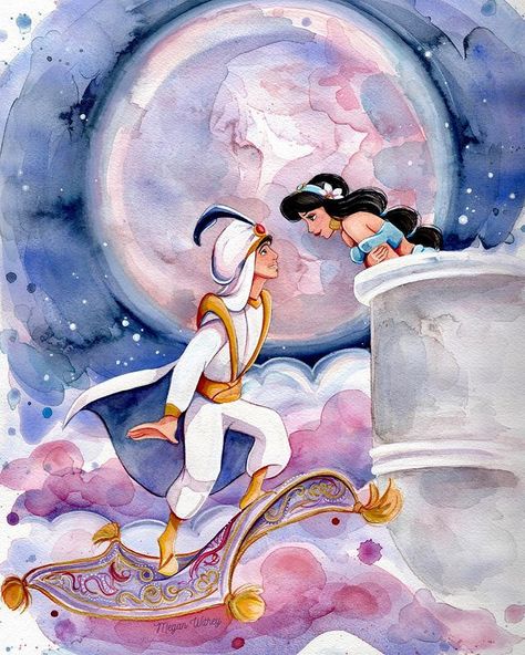 Megan Withey no Instagram: “💜 Aladdin 12x16” Watercolor Painting 💜” Whole New World, Aladdin, Watercolor Print, The Moon, New World, Lake, Art Print, Moon, Art