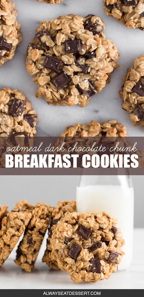 Looking for a quick and easy breakfast recipe that you can make ahead and take with you on the go? These oatmeal dark chocolate chunk breakfast cookies are the answer! They're perfect for busy mornings, plus they taste amazing and will keep you full until lunch! #breakfastcookies #easybreakfastrecipe #breakfastonthego Breakfast Cookies Chocolate Chip, Baked Oatmeal Breakfast Cookies, Oatmeal Cookie Breakfast, Oatmeal Chocolate Chip Breakfast Cookies, Dark Chocolate Breakfast, Chocolate Chip Breakfast Cookies, Chocolate Chip Breakfast, Oatmeal Bars Healthy, Desserts With Chocolate Chips