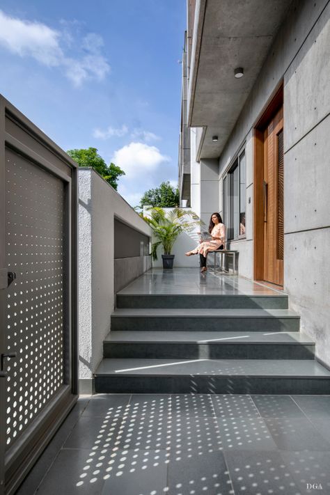 Minimal Living and Sustainable Dwelling | Dipen Gada & Associates - The Architects Diary Climb Aesthetic, Aesthetic Stairs, Dipen Gada, House Main Door, Staircase Designs, Home Styles Exterior, House Main Door Design, House Outer Design, Small House Elevation Design