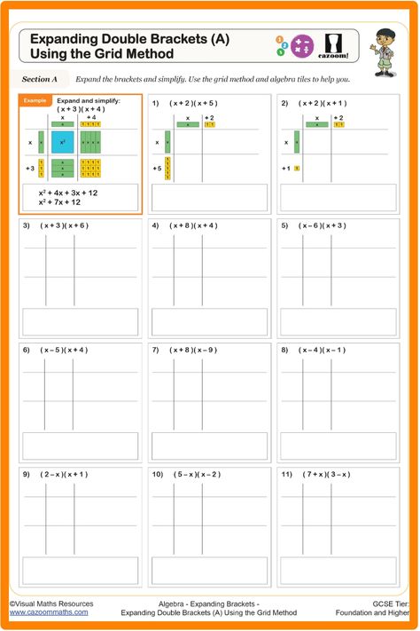 Expanding Double Brackets Using the Grid Method Worksheet 5 Team Double Elimination Bracket, Expanding Brackets Maths, Standard And Expanded Form Anchor Chart, Teaching Expanded Form, Operations And Algebraic Thinking First Grade, Year 9 Maths Worksheets, Algebra Tiles, 9th Grade Math, Area Model