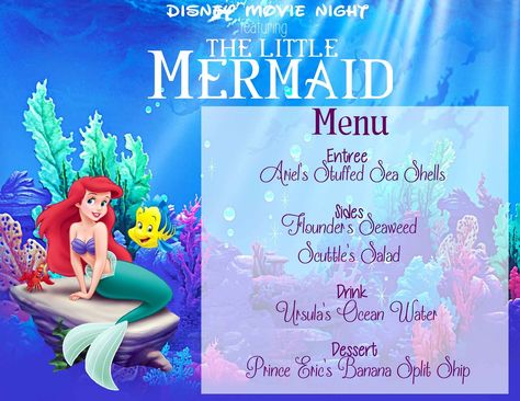 Mommy and Things: Disney Movie Night: The Little Mermaid Disney Movie Themed Dinner, Disney Nights, Disney Movie Night Menu, Theme Dinners, Disney Themed Movie Night, Disney Movie Night Food, Themed Nights, Movie Dinner, Mermaid Movie