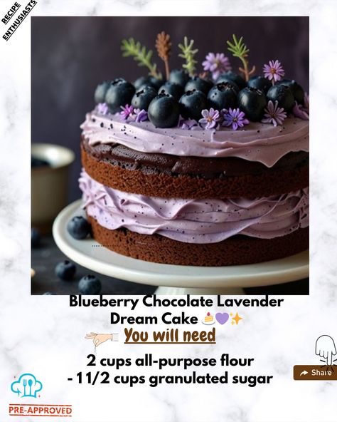 Blueberry Chocolate Lavender Dream Cake 🍰💜✨ ## Ingredients: ### For the Cake: - 2 cups all-purpose flour - 1 1/2 cups granulated sugar - 3/4 cup unsweetened cocoa powder - 1 1/2 tsp baking powder - 1 1/2 tsp baking soda - 1 tsp salt - 2 large eggs - 1 cup whole milk - 1/2 cup vegetable oil - 2 tsp vanilla extract - 1 cup boiling water - 1/2 cup fresh blueberries ### For the Lavender Syrup: - 1/2 cup water - 1/2 cup sugar - 1 tbsp dried culinary lavender ### For the Frosting: - 1 cup unsalted ... Blueberry Puree, Unsweetened Cocoa Powder, Blueberry Chocolate, Culinary Lavender, Lavender Syrup, Lavender Extract, Dream Cake, Boiling Water, Whole Milk