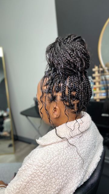 Boho Knotless Braids Styles Bun, Boho Knotless Braids In A Bun, Boho Knotless Braids Bun, Boho Braids Bun, Knotless Braids Bun Hairstyles, Goddess Braids In A Bun, Messy Knotless Braids, Knotless Bun, Knotless Braids Bun