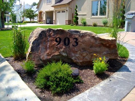 Address Stone Address On Rock House Numbers, Ranch Address Sign Ideas, Rock Entryway Front Entry, Driveway Entryway Landscape Ideas, Address Display Ideas Front Yards, Stone Address Marker Rocks, Address Boulder Landscape, Rock Address House Numbers, Address Stone Landscaping