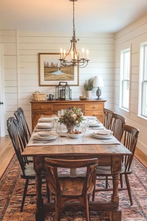 The Warmth of Wood & More Farmhouse Dining Room Storage, Old Farmhouse Inspiration, Traditional Home Decor Dining Room, Barndominium Dining Room Ideas, Rustic Farmhouse Aesthetic, Farmhouse Small Dining Room, English Cottage Style Dining Room, Open Dining Room Ideas, Modern Rustic Dining Room Ideas