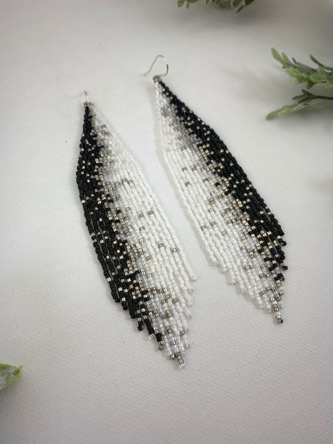 Black and white beaded earrings boho seed beaded earrings | Etsy White Beaded Fringe Earrings, Black And White Beaded Earrings, White Beaded Earrings, Seed Beaded Earrings, Red Bead Earrings, Diy Suncatchers, Beaded Earrings Native, Beaded Earrings Tutorials, Beaded Earrings Diy