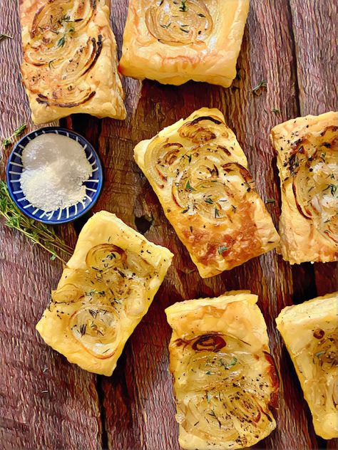 easy shallot tarts (tik tok recipe!) - kylie's kitchenette Shallot Puff Pastry, Shallot Puff Pastry Tart, Tomato Onion Tart Puff Pastry, Onion Pastry Tart, Shallot Tart, Phylo Pastry Recipes, Savory Pop Tarts, Tik Tok Recipes, Puff Pastry Recipes Savory