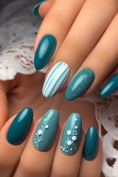 Blue Fingernails Designs, Teal Blue Nails Designs, Nail Art Designs Summer 2024 Simple, Teal Nails With Design, Teal French Tip Nails, Teal Nail Art, Summer Nails Square, Teal Nail Designs, Pink Nail Ideas