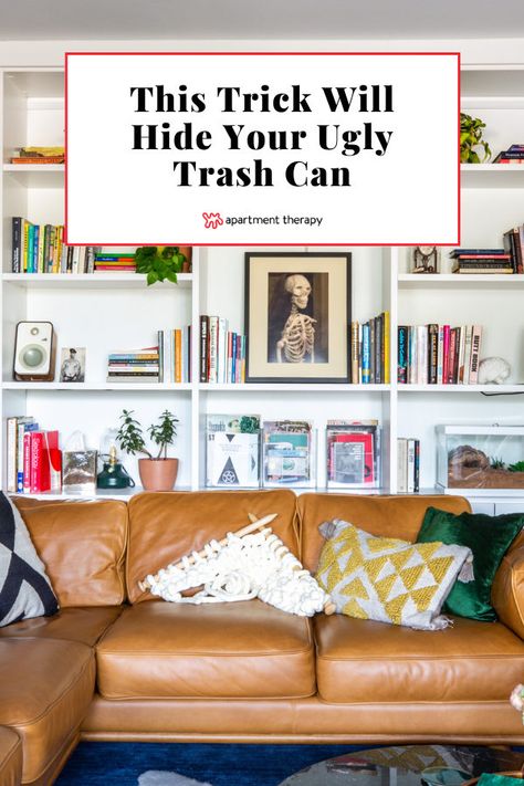 Hide an unattractive trash can in the kitchen and beyond with this decorative basket trick. Living Room Trash Can Ideas, Small Kitchen Trash Can Ideas, Hidden Trash Can Kitchen, Kitchen Trash Can Ideas, Hide Trash Cans, Metal Trash Cans, Your Trash, Hidden Kitchen, West Home