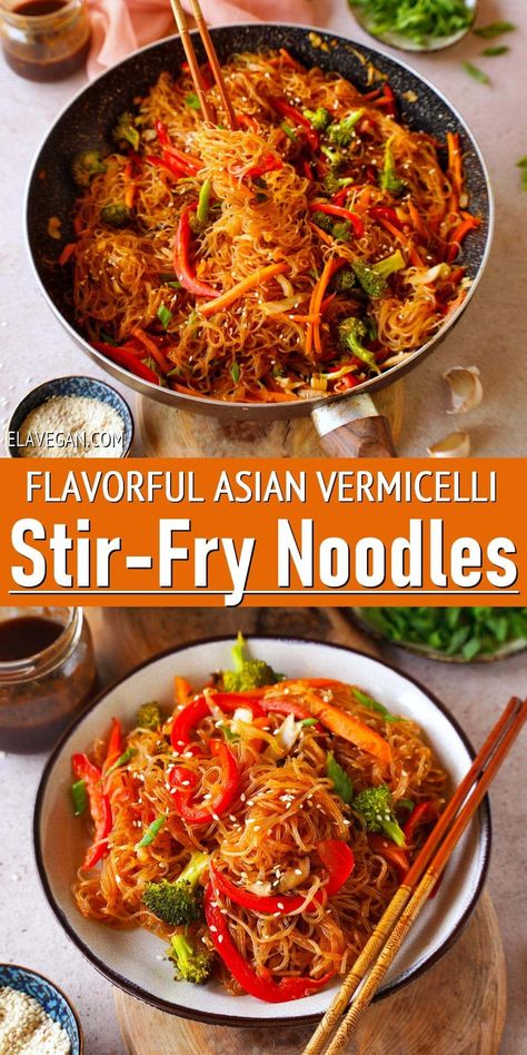 Make a super satisfying Korean-inspired vermicelli stir-fry in under 30 minutes! The stir-fry noodles are packed with flavor, filling, satisfying, easily customizable, and simple to pull together on busy evenings! #vermicelli #asiannoodles #vegetablestirfry #veggiestirfry #asianstirfry #stirfrynoodles #elasrecipes | elavegan.com Steam Chicken Recipe, Boiled Chicken Recipes, Vermicelli Recipes, Rice Noodle Recipes, Rice Noodles Stir Fry, Vegetarian Stir Fry, Vegan Stir Fry, Vegan Asian Recipes, Asian Stir Fry