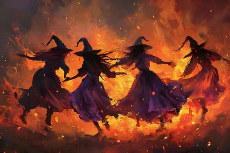 Witches Dance Around Fire, Witches Dancing Around Fire Tattoo, Witches Dancing Around Fire, Gothic Art Painting, Witch Dancing, Witch Dance, Dancing Witches, Witches Dancing, 4 Witches