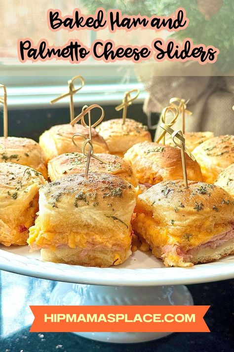 baked ham and cheese sliders Ham And Pimento Cheese Sliders, Hawaiian Roll Sliders Ham And Cheese, Pimento Cheese Sliders, Baked Ham And Cheese Sliders, Awesome Sandwiches, Sweet Hawaiian Rolls, Palmetto Cheese, Ham Sliders, Ham And Cheese Sliders