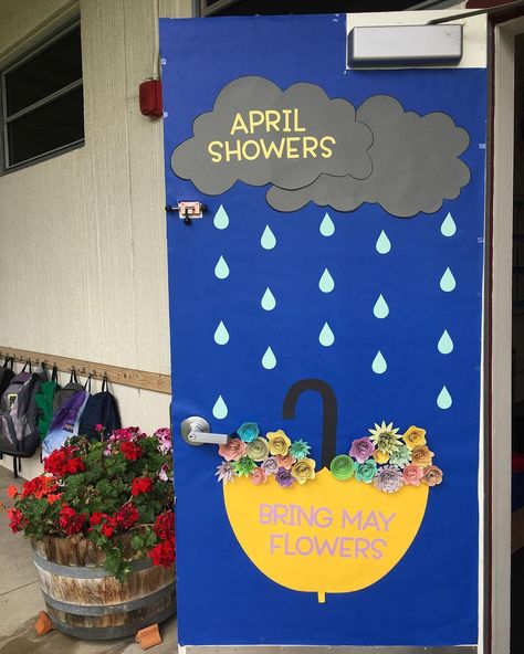 Miss Tyler on Instagram: “April showers ☔️☔️☔️ bring May flowers 🌺🌸🌼💐 New door for April! • • #pinspiration • #teacherlife #bestlife #teachersfollowteachers…” April Showers Door Decorations Classroom, April Daycare Door Ideas, April Showers Bring May Flowers Door, April Preschool Door Ideas, Spring Door Ideas For Preschool, April School Door Decorations, April Showers Bring May Flowers Bulletin Board, April Board Ideas, April Showers Bulletin Board