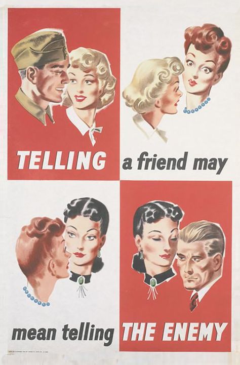 "Telling A Friend May Mean Telling The Enemy" - UK, Wwii. British Propaganda, Wwii Propaganda Posters, Ww2 Propaganda, Wwii Propaganda, Ww2 Posters, Wwii Posters, Propaganda Art, Propaganda Posters, Vintage Journal