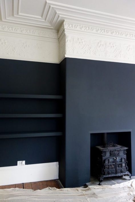 Half Painted Walls, Victorian Villa, Casa Clean, Victorian Living Room, Dark Living Rooms, Smart Tiles, Farrow And Ball Paint, Painted Walls, Dark Walls