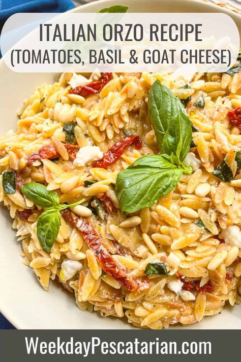 Delicious Italian orzo recipe with jammy sun-dried tomatoes, fragrant basil, and creamy goat cheese. Perfect for a summer meal or as a side dish. Recipe link includes step by step photos and instructions to make this easy recipe any night of the week. Pin this one to your favorite board today! Orzo Recipes Side, Basil Goat Cheese, Italian Orzo, Orzo Pasta Recipes, Orzo Dishes, Orzo Recipe, Goat Cheese Pasta, Creamy Goat Cheese, Protein Recipe