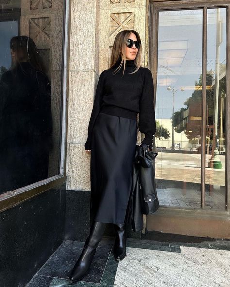 In the mood for fall 🍂 and so excited for boot season! | Instagram Black Dresses With Boots, Skirt Boots Outfit, Long Boots Outfit, Fall Chic Outfits, Black Dress Boots, Black Satin Skirt, Satin Skirt Outfit, Black Boots Outfit, Long Skirt Outfits