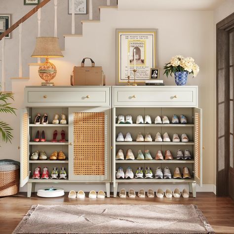 Modern Shoe Cabinet with Doors, Rattan Shoes Storage Cabinet - Bed Bath & Beyond - 39673078 Shoe Cabinet With Doors, Shoe Cabinet Entryway, Wooden Shoe Cabinet, Green Bed, Cabinet With Doors, Green Bedding, Modern Shoes, Shoe Storage Cabinet, Shoe Organizer