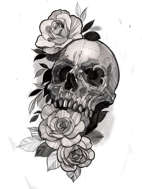 Neotrad Skull, Roses Skull Tattoo, Skull Flowers Tattoo, Skull And Flower Tattoo, Skull Flower Tattoo, Skull Tattoo Flowers, Skull Rose Tattoos, Rose Drawing Tattoo, Filigree Tattoo