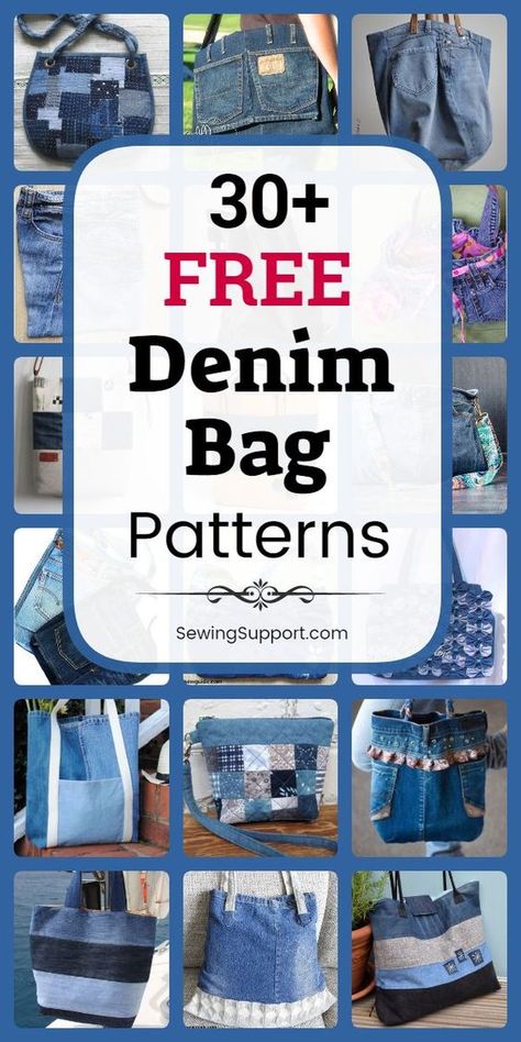 Free Denim Bag Patterns #recyclejeans #recyclejeansprojects #recyclejeansbagpattern Free Denim Bag Patterns, Diy Sac En Jean, Reconstruction Fashion, Diy Jeans Bag Tutorial, Denim Patchwork Bag, Återvinna Jeans, Diy Jeans Crafts, Diy Bags Jeans, Tas Denim