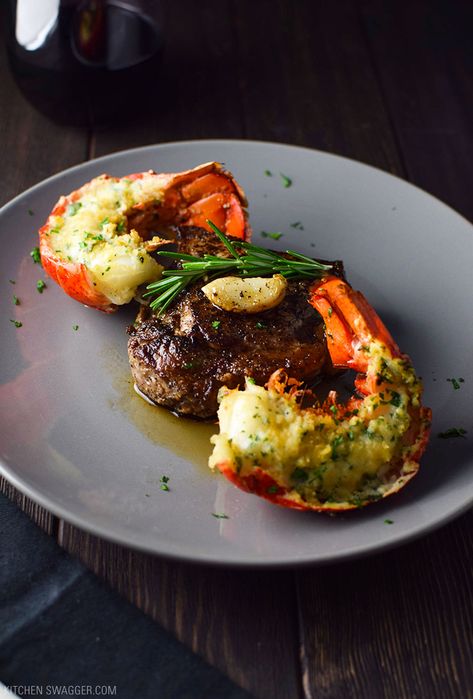 Filet Mignon And Lobster Tail, Steak And Lobster Dinner, Baked Lobster, Steak And Lobster, Filet Mignon Recipes, Lobster Dinner, Ny Strip Steak, Ny Strip, Surf And Turf