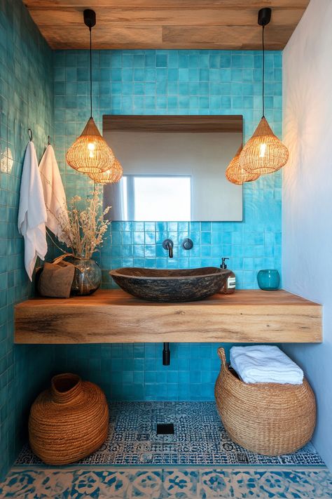 50 Moroccan-Scandinavian Bathroom Blends: Ornate Patterns in Minimalist Spaces - TastyInteriors Marrakech Bathroom Inspiration, Small Moroccan Bathroom, Small Bathroom Moroccan Tile, Blue Mediterranean Bathroom, Greek Bathroom Design, Moroccan Bathroom Design, Moroccan Sink Bathroom, Modern Mexican Bathroom, Studio Bathroom Ideas