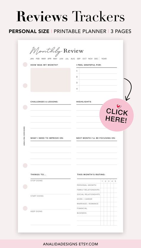 🖤 DAILY, WEEKLY & MONTHLY REVIEW/REFLECTION PRINTABLE PLANNERS - by Analida Designs
These 3 inserts give you total control over what information you’d like to reflect on in your daily/weekly & monthly review. These Self-reflections worksheets help you record moments, plan ahead and reflect on your thoughts, feelings, and goals. Personal size: 3.75 x 6.75 in (95.25 x 171.45mm) Daily Review Template, Day Review Journal, Monthly Review Planner, Monthly Reflection Template, Daily Review Journal, Weekly Review Bullet Journal, Monthly Review Template, Weekly Reflection Template, Journal Templates Layout