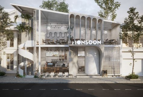 [MONSOON CAFE] on Behance Exterior Design Cafe, Cafe Building Design, Cafe Architecture Exterior, Restaurant Exterior Design Modern, Cafe Entrance Design, Shoplot Design, Cafe Design Exterior, Cafe Facade Design, Modern Cafe Exterior