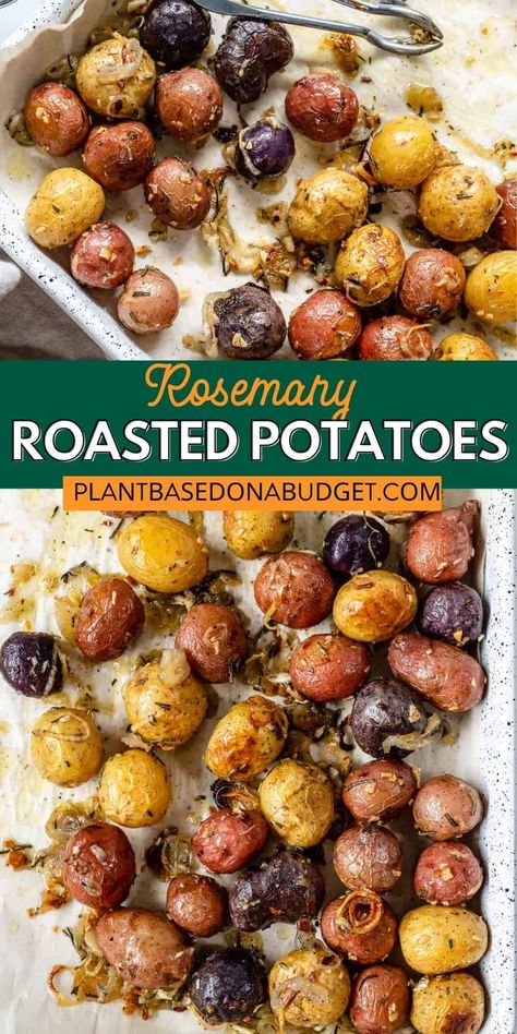 These deliciously colorful Roasted Rosemary Potatoes are the perfect side! Excellent for complimenting your favorite mains. #plantbasedonabudget #rosemary #potatoes Roasted Small Potatoes, Small Potatoes Recipe, Rosemary Garlic Potatoes, Vegan Scalloped Potatoes, Vegan Stuffed Mushrooms, Easy Roasted Potatoes, Small Potatoes, Potatoes In Oven, Garlic Roasted Potatoes