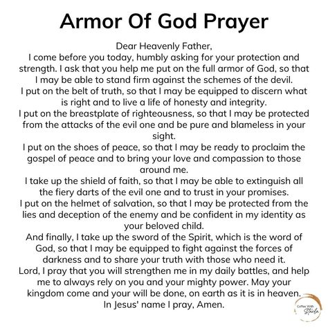 This is a one page printable of a prayer to help you pray on the Armor of God. *Only one free download per person, per month is allowed. For personal use only. Do not make copies. Prayer For Armor Of God, Put On The Full Armor Of God Prayer, Put On The Whole Armor Of God, Armor Of God Bible Study, Put On The Armor Of God, Put On The Full Armor Of God, Armour Of God Prayer, Armor Of God For Women, Full Armor Of God Prayer