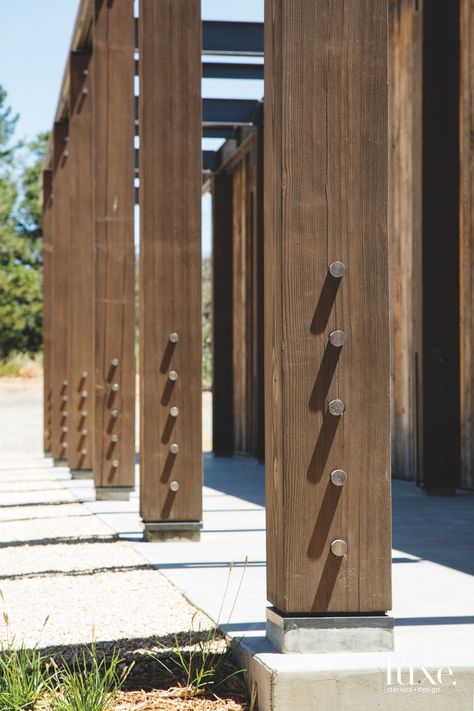 A Modern Napa Valley Home Connects To The Outdoors | Luxe Interiors + Design Field Architecture, Wood Column, Metal Beam, Concrete Coffee Table, Custom Coffee Table, Timber Beams, Glass Backsplash, Luxurious Home, Steel Beams