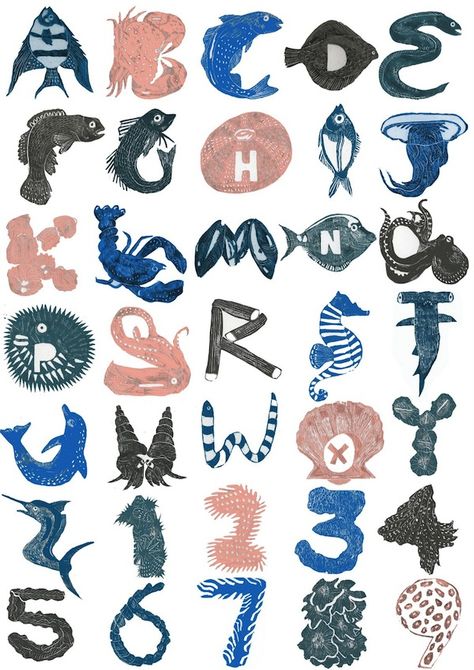 Gems Illustration, Camilla Perkins, Fish Alphabet, Ocean Alphabet, Typography Alphabet, Drop Cap, Alphabet Design, Alphabet Art, Animal Alphabet