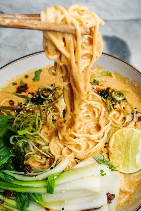 Quick Spicy Coconut Noodles - Dished by Kate Creamy Ramen Noodle Recipes Coconut Milk, Rice Noodle Coconut Milk, Ramen Noodle Recipes Coconut Milk, Miso Coconut Ramen, Vegan Coconut Ramen, Spicy Coconut Noodles, Coconut Rice Noodles, Dinner Ideas With Coconut Milk, Coconut Ramen Noodle Recipes