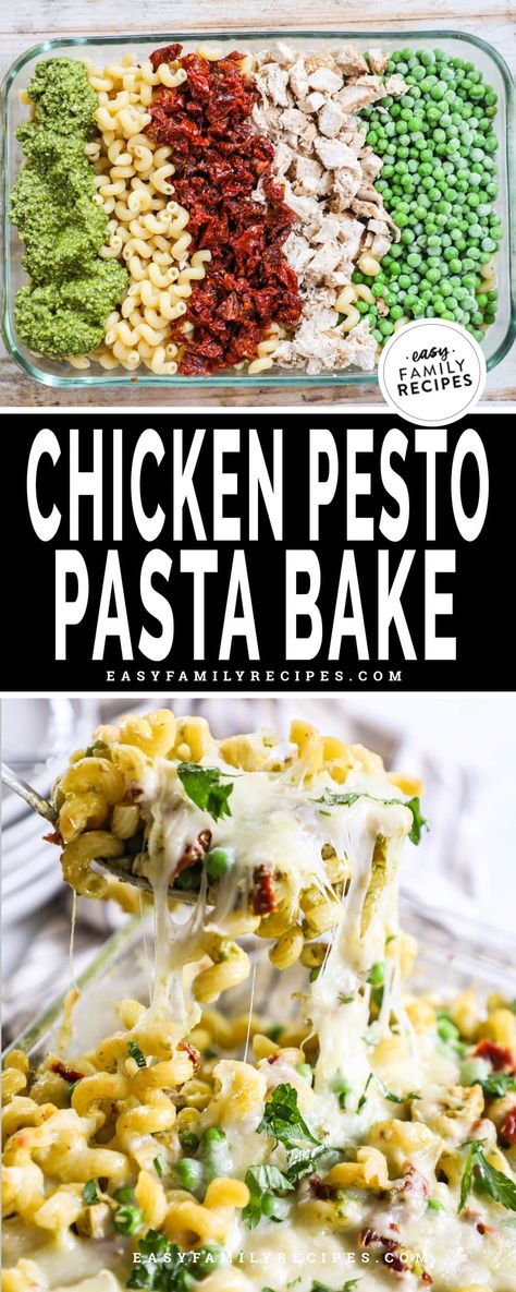 An AMAZING, quick dinner idea with tons of yummy flavor! Everyone will devour every bite when you make this pesto chicken pasta bake, it’s a fantastic, EASY family dinner recipe for the busiest of weeknights! Sun dried tomatoes, cream, and basil pesto are mixed with pasta and chicken to make a weeknight meal that even kids will love. It’s easy to customize this baked chicken pesto pasta with your favorite veggies too, so you can feel good about serving a complete meal with stress-free prep! Chicken Pesto Veggies, Pesto Chicken With Tomatoes, Chicken Pesto Ricotta Pasta, Pesto Rotisserie Chicken, Leftover Pesto Chicken Recipes, Pesto Casserole Recipes, Pesto Pasta Casserole, Pesto Chicken Pasta Crockpot, Pesto Pasta Bake Recipes