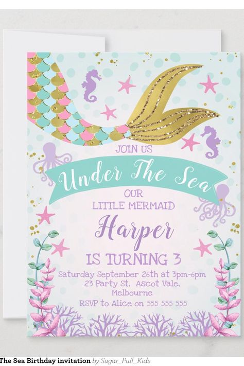 Mermaid Or Under The Sea Birthday invitation Mermaid 3rd Birthday Party Invitations, Under The 3 Birthday, Little Mermaid 3rd Birthday Party Girl, Under The Sea 3rd Birthday Party Girl, Under The Three Birthday Party, Under The Sea Birthday Party Girl, Third Birthday Theme Girl, Three Year Old Birthday Party Theme, Three Year Old Birthday Party Girl