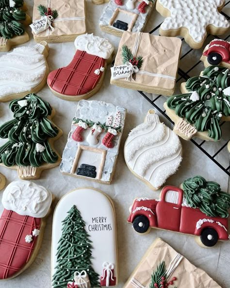 Cami Logan | Custom Decorated Sugar Cookies on Instagram: "Merry Christmas Eve! I hope everyone is having a great holiday season and getting to spend time enjoying it and relaxing! • Ornament inspo from @ems.custom.cookies Stone texture technique from @sweetcheeksbyrenee Truck cutter from @maisonscustomcutters • • • • #christmassugarcookies #christmascookies #ornamentcookies #stockingcookies #truckcookies #treecookies #fireplace #stockings #christmastree #christmasbaking #christmasart #chr Stocking Cookie Decorating Ideas, Bakery Cookies Decorated, Christmas Sugar Cookies Ornaments, Christmas Truck Cookies Decorated, Merry Christmas Sugar Cookies, Rustic Christmas Cookies Decorated, Christmas Ornaments Cookies, Vintage Christmas Cookies Decorated, Stocking Sugar Cookies Decorated