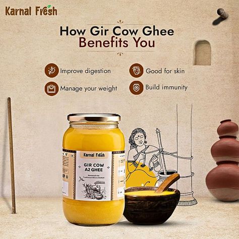 Ghee Poster Design, Desi Ghee Creative Ads, Ghee Creative Ads, Organic Rice Packaging, Cow Ghee Benefits, Dj Tillu, Benefits Of Ghee, Gir Cow, Ghee Benefits