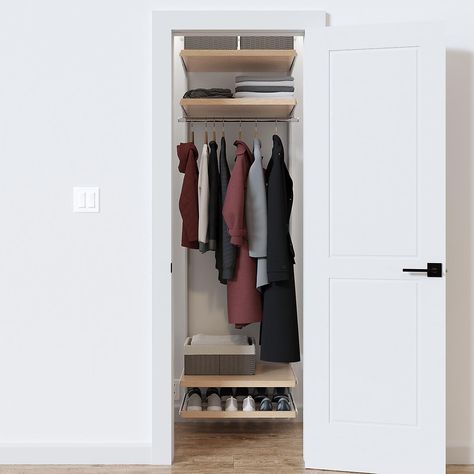 Elfa Decor 2' Birch & White Entry Closet | The Container Store Small Entry Closet Ideas, Affordable Closet Systems, Entry Closet Ideas, Elfa Closet, Elfa Shelving, Front Closet, Coat Closet Organization, Closet Solutions, Entry Closet