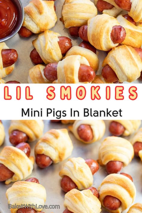 Lil Smokies Pigs In A Blanket Lil Smokies Crescent Rolls, Little Smokies Crescent Rolls, Lil Smokies Recipes, Smokies Recipe, Lil Smokies, Bbq Pig, Popular Appetizers, Sausage Dishes, Mini Bites