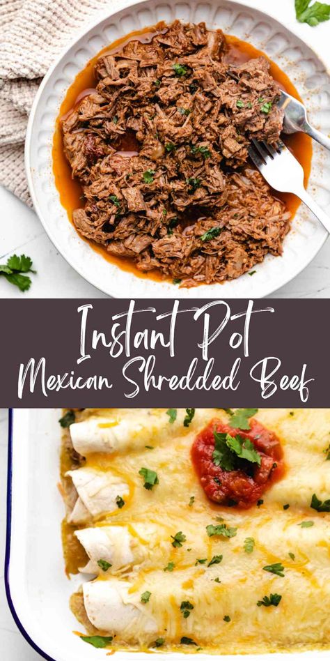 Instant Pot Mexican Shredded Beef recipe makes tender, flavorful shredded beef. This Mexican-style shredded beef makes a great filling for tacos, burritos, and more! Pressure Cook Beef Stew, Shredded Beef Burritos, Beef Shoulder Roast, Shredded Beef Recipe, Mexican Food Recipes Beef, Cooking Stew Beef, Shredded Beef Enchiladas, Shredded Beef Recipes, Instant Pot Mexican