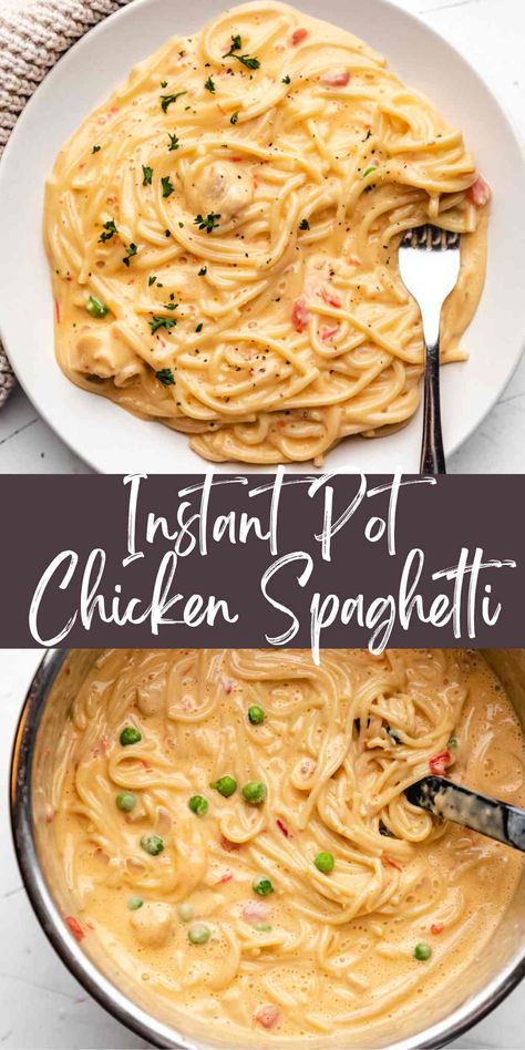 Instant Pot chicken spaghetti is a quick and easy, cheesy spaghetti recipe. This simple recipe takes a few pantry-staple ingredients and turns them into a tasty dinner in less than 30 minutes! Instant Pot Recipes Chicken Spaghetti, Chicken Spaghetti In Instant Pot, Instant Pot Chicken And Spaghetti, Pressure Cooker Chicken Spaghetti, Chicken Spaghetti Recipe With Rotel Velveeta Instant Pot, Chicken Spaghetti Instant Pot Recipes, Cheesy Chicken Spaghetti Instant Pot, Instant Pot Cheesy Chicken Pasta, Instapot Chicken Spaghetti Recipe