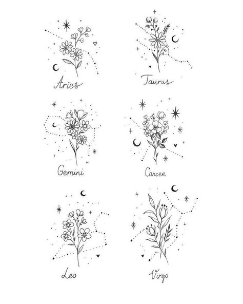 Star Sign Tattoos Virgo, Taurus Star Constellation Tattoo Flower, Virgo Constellation Tattoo Flowers, Birth Flower And Zodiac Tattoo, Star Sign Tattoos Taurus, Leo Flower Tattoo Zodiac Signs, Birth Sign Tattoos, Taurus Star Constellation Tattoo, Starsign Tattoo