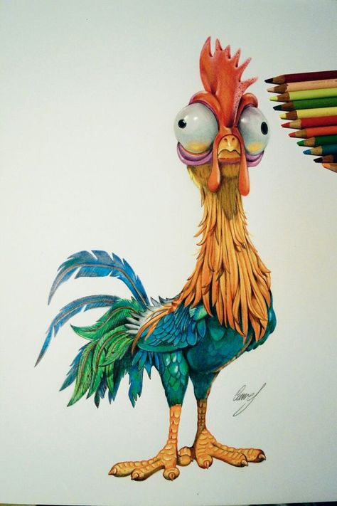 Funny Chickens Art, Cartoon Chicken Drawing Funny, Funny Rooster Drawing, Cartoon Chicken Cute, Funny Chicken Paintings, Roster Drawings, Whimsical Chicken Art Funny, Funny Chicken Illustration, Heihei Drawing