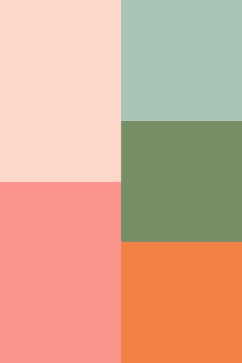 Colour palette: Pale pink, candy pink, duck egg blue, moss green, tangerine Yellow Pink Green Blue Colour Palettes, Pink Green Blue Orange Aesthetic, Pink Yellow Green Orange Color Palette, Peach Blue Green Color Palette, Light Blue Pink Green Color Palette, Pink Orange Green Blue Color Scheme, Dusty Pink And Orange Color Palette, Peachy Pink Color Palette, Pink Sage Color Palette