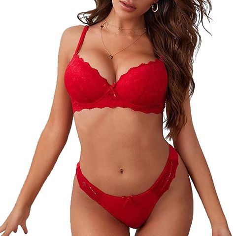 Womens Lingerie Plunge Push Up Underwire Bra Underwear Panties Set 38D Red at Amazon Women’s Clothing store Bra And Thong, Bra Items, Lace Bra Set, Red Bra, Push Up Pads, A B C D, A B C, Bra And Panty Sets, Bra Straps