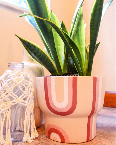 Hand Painted Terracotta Boho Plant Pot with Snake Plant Abstract Plant Pot Painting, Terracotta Painted Pot, Ceramic Art Plant Pot, Painted Plant Pots Diy Boho, Boho Flower Pot Painting, Pot Plant Designs Diy Painting, Paint Your Own Plant Pot, Hand Painted Plant Pots Aesthetic, Pots To Paint